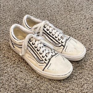 Vans Men's Old Skool White Canvas Sneakers, Size 10.5, Cartoon Sketch